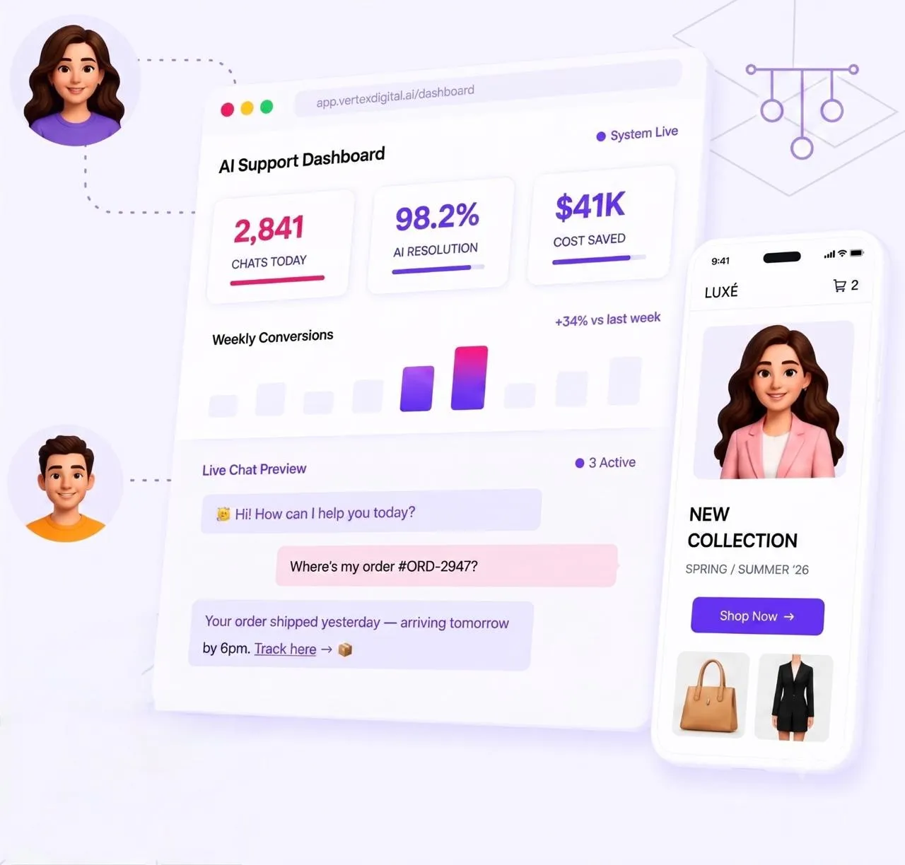 AI Support Dashboard with live chat and a LUXÉ mobile shopping app preview